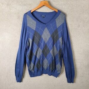 Croft & Barrow Sweater Mens‎ XL Blue Gray Argyle V Neck Long Sleeve Cotton Blend